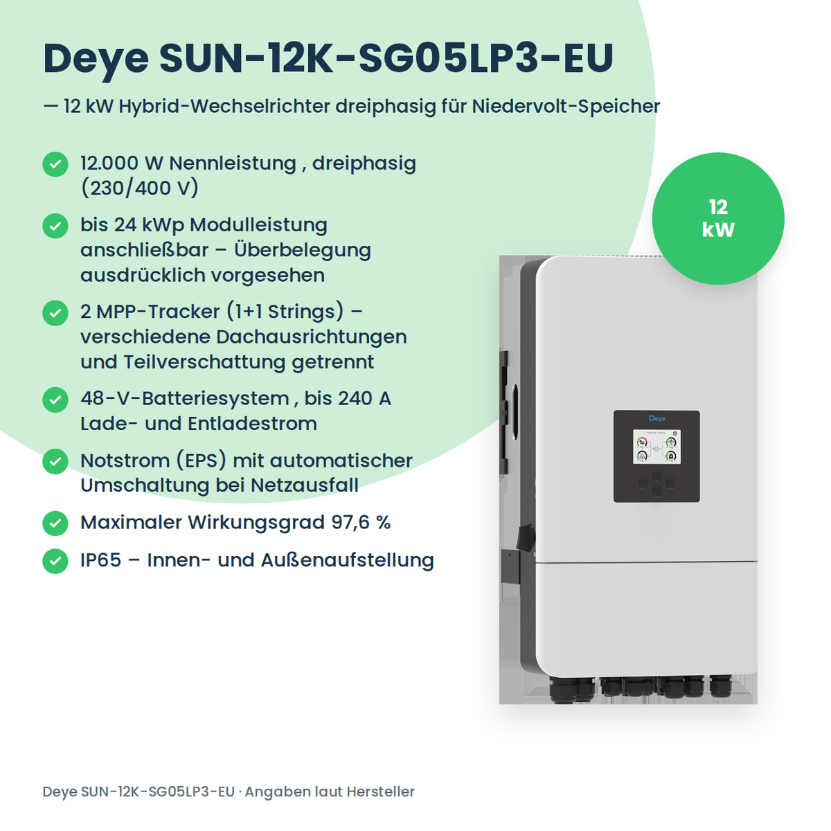 Deye SUN-12K-SG05LP3-EU – 12 kW Hybrid-Wechselrichter dreiphasig für Niedervolt-Speicher