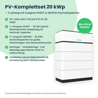PV-Komplettset 20 kWp 3-ph. | 30× AIKO STELLAR 670W + Sungrow SH20T + Sungrow SBH200