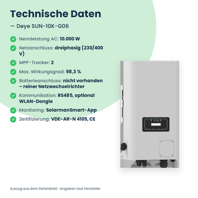 Deye SUN-10K-G06 – 10 kW String-Wechselrichter dreiphasig mit 2 MPP-Trackern