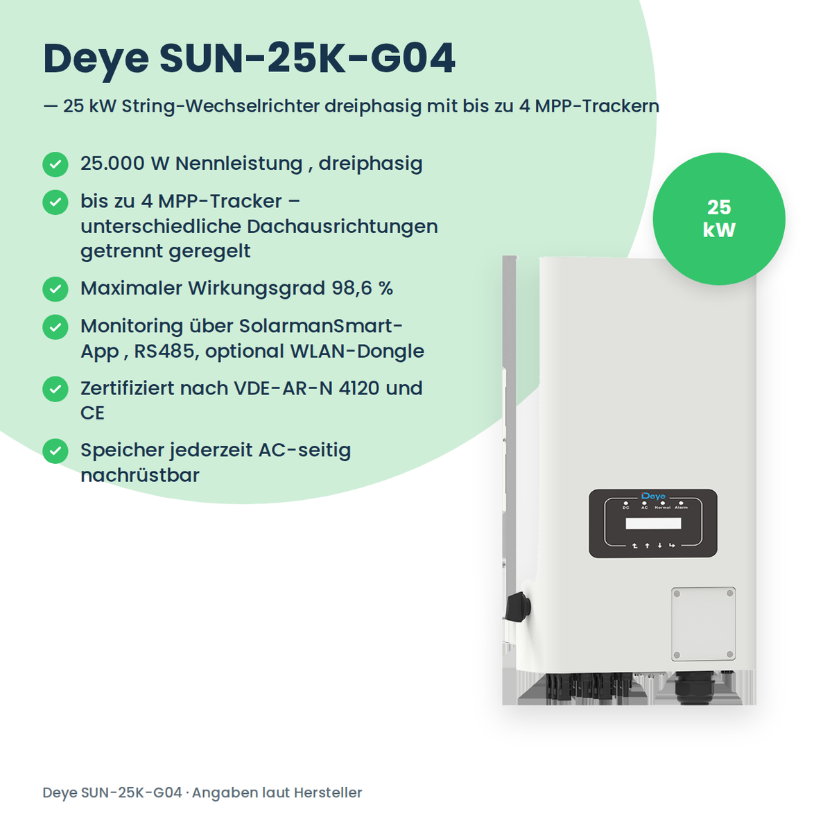 Deye SUN-25K-G04 – 25 kW String-Wechselrichter dreiphasig mit bis zu 4 MPP-Trackern