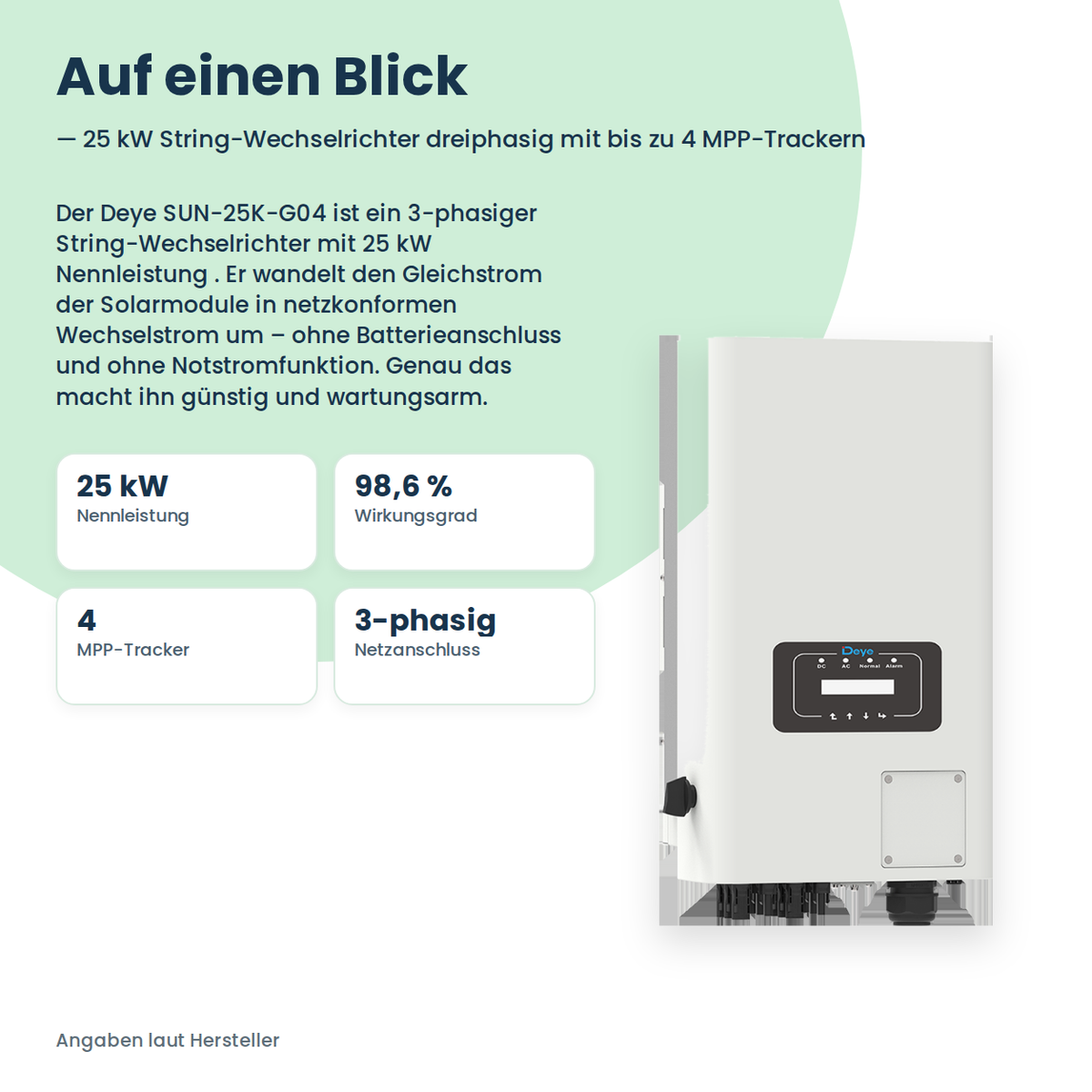 Deye SUN-25K-G04 – 25 kW String-Wechselrichter dreiphasig mit bis zu 4 MPP-Trackern
