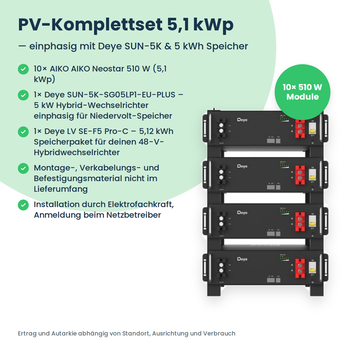 PV-Komplettset 5,1 kWp | 10× AIKO Neostar 510W + Deye SUN-5K-SG05LP1 + Deye LV SE-F5 Pro-C